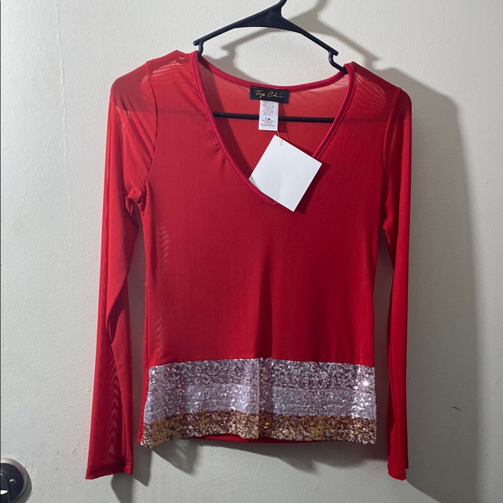 Red Sequin Trim V-Neck Top by